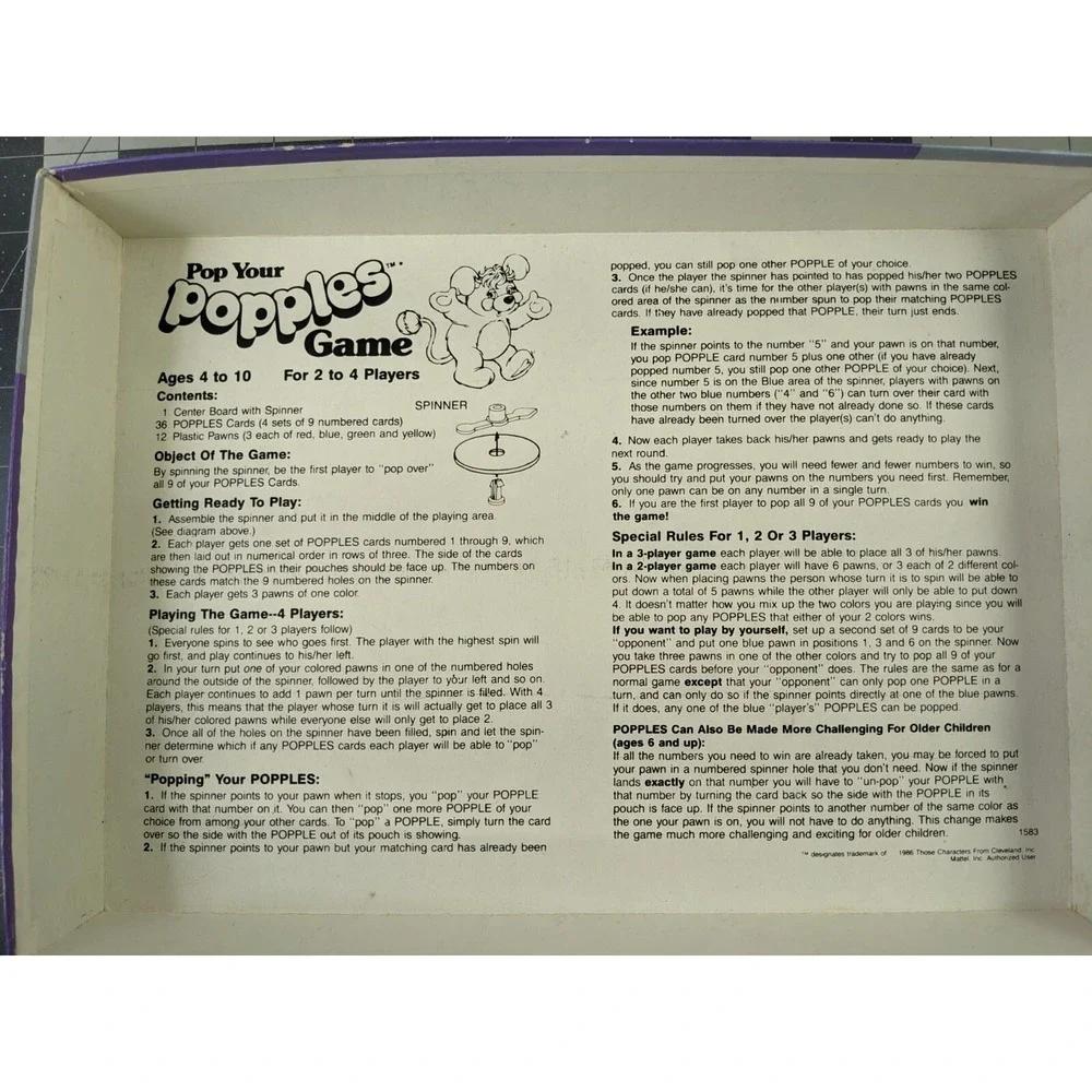 Pop Your Popples Game‎ 1986 Incomplete Mattel 1583